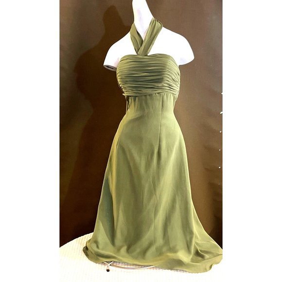 Olive Green Formal Dress Tie-back Shelf Bra Evening Gown Small Train - Picture 3 of 13